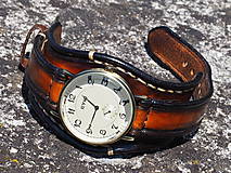 Náramky - Hnedočierny kožený remienok, pánske hodinky, bronzové hodinky - 9783816_