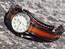 Náramky - Hnedočierny kožený remienok, pánske hodinky, bronzové hodinky - 9783817_