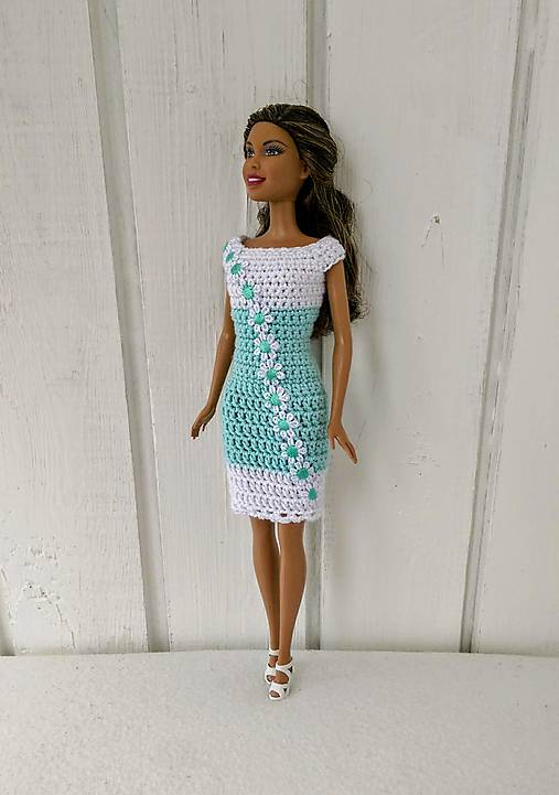  - Háčkované zelenobiele šaty pre Barbie - 9802648_