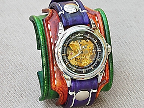 Náramky - Dámske hodinky, zelený, hedý, fialový kožený remienok - 9802877_