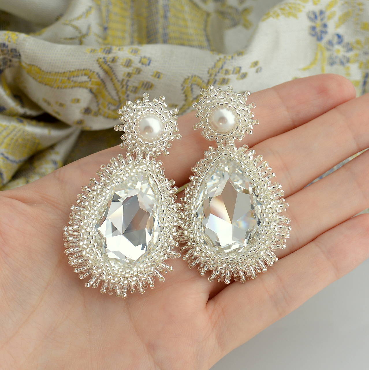 korálkové náušnice s veľkým krištáľom v tvare kvapky(Ag925)