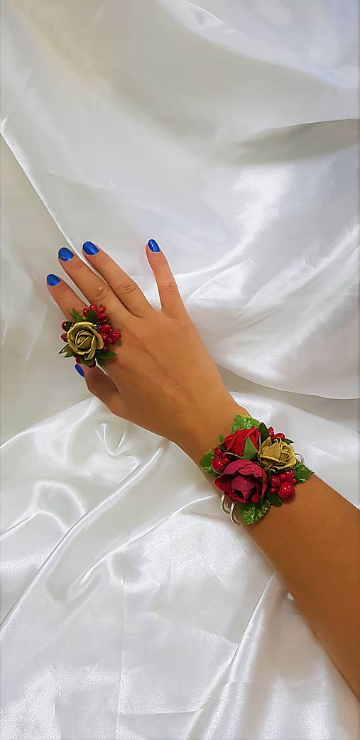 Kvetinový červeno - zlatý set - prsteň a náramok