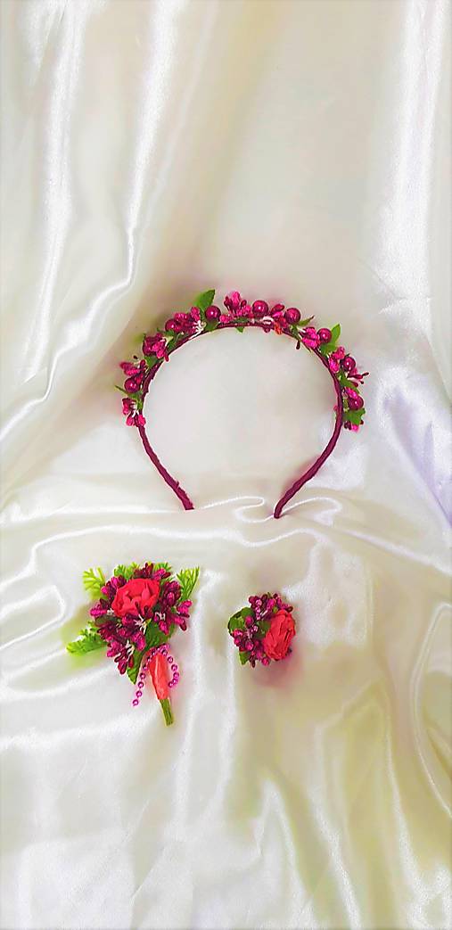 Kvetinový svadobný set v bordovej a ružovej farbe