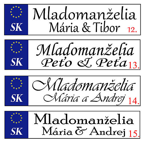 Svadobná špz-plastová tabuľka - možnosť zmeny fontu, textu, bez SK znaku