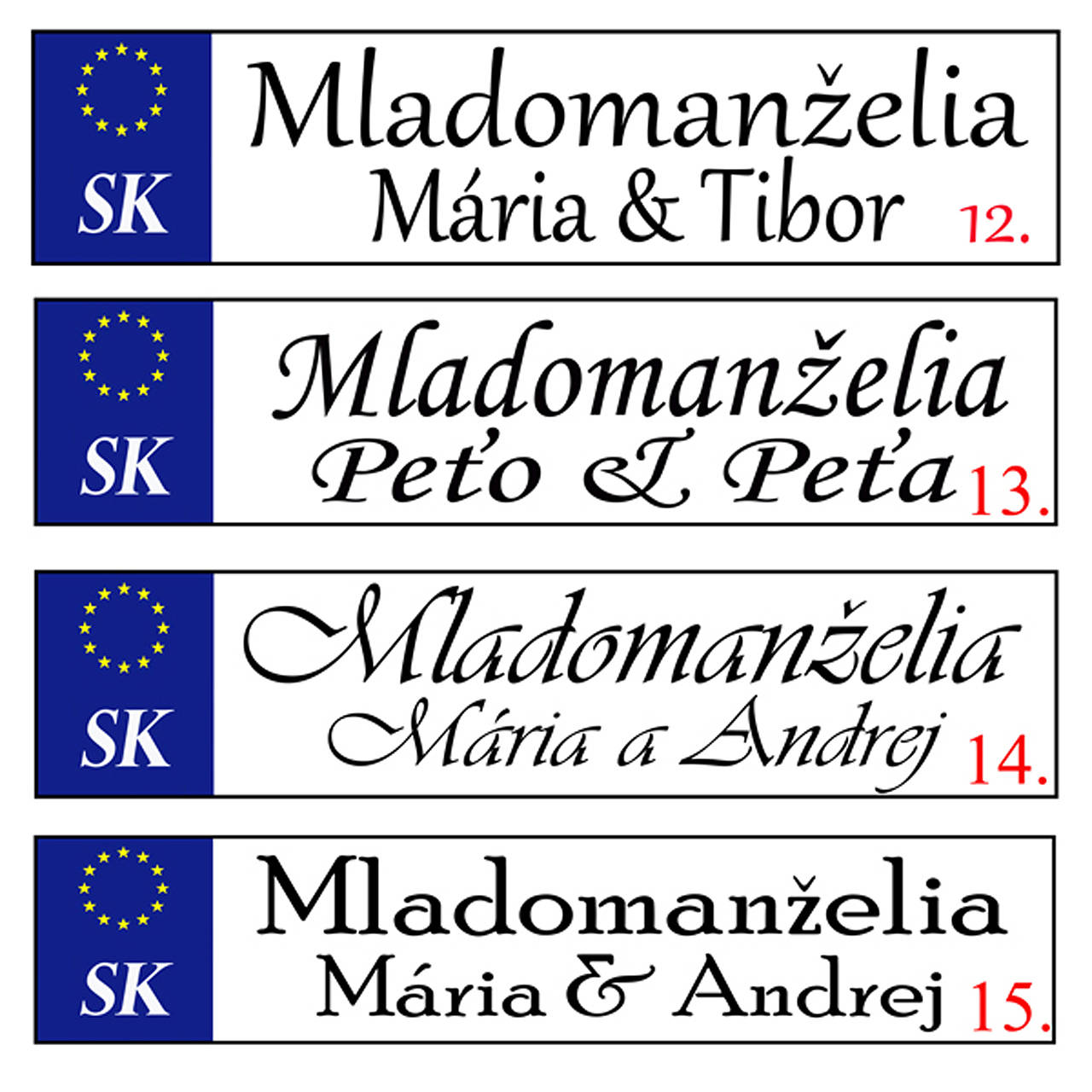 Svadobná špz-plastová tabuľka - možnosť zmeny fontu, textu, bez SK znaku