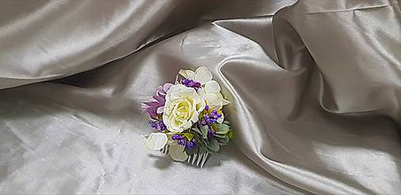 Ozdoby do vlasov - Béžovo - fialový kvetinový hrebienok do vlasov - 9820317_