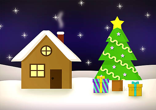 Domček a vianočný stromček (hviezdičkové ozdoby a reťaz)