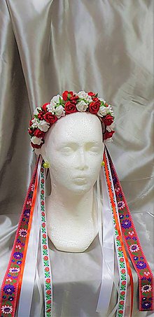 Ozdoby do vlasov - Červeno - biela folková kvetinová parta so stuhami - 9836822_