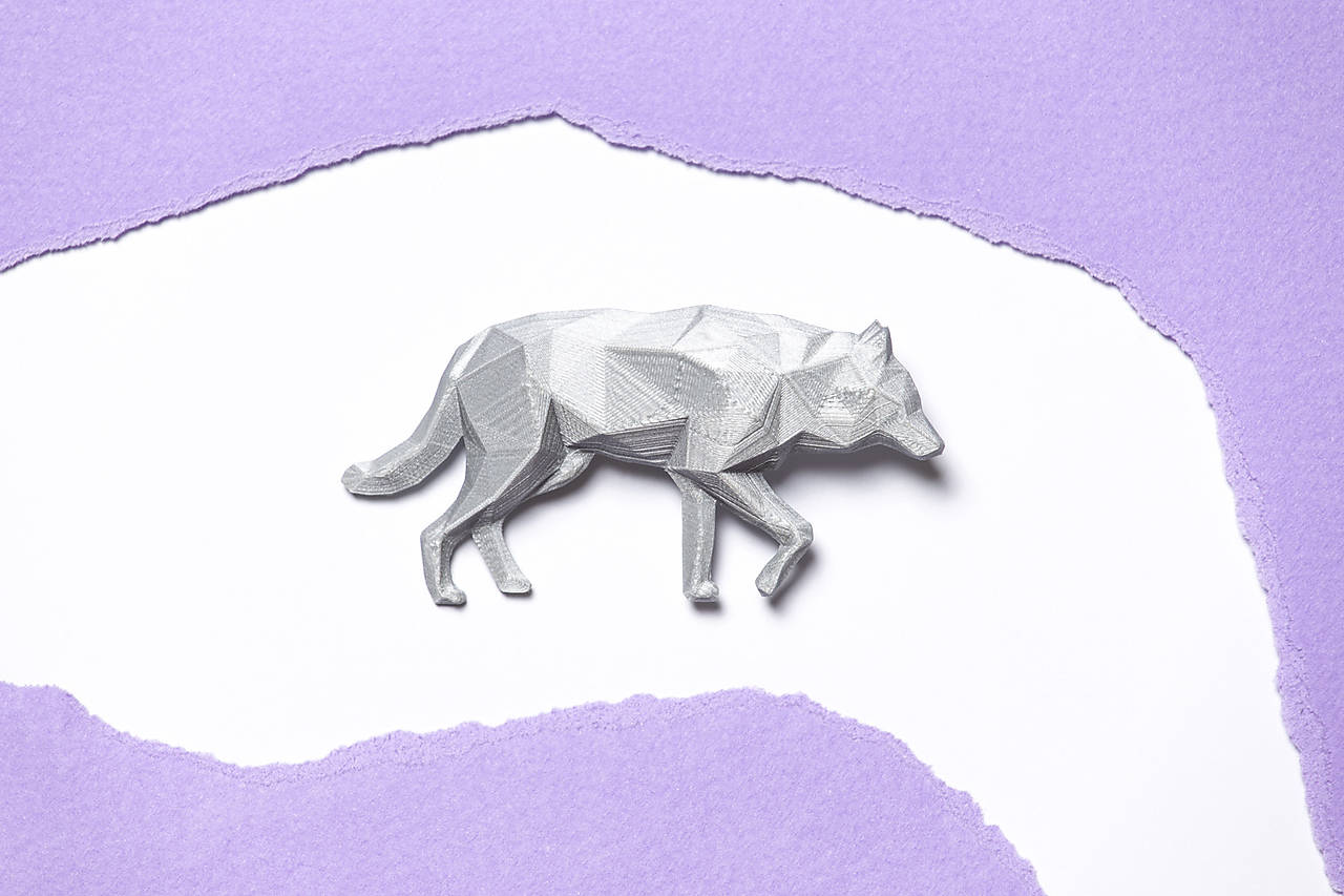 Vlk strieborný - brošňa vytvorená na 3D tlačiarni