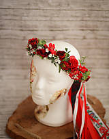 Ozdoby do vlasov - Červený kvetinový venček s  folklórnou stuhou - 9888448_