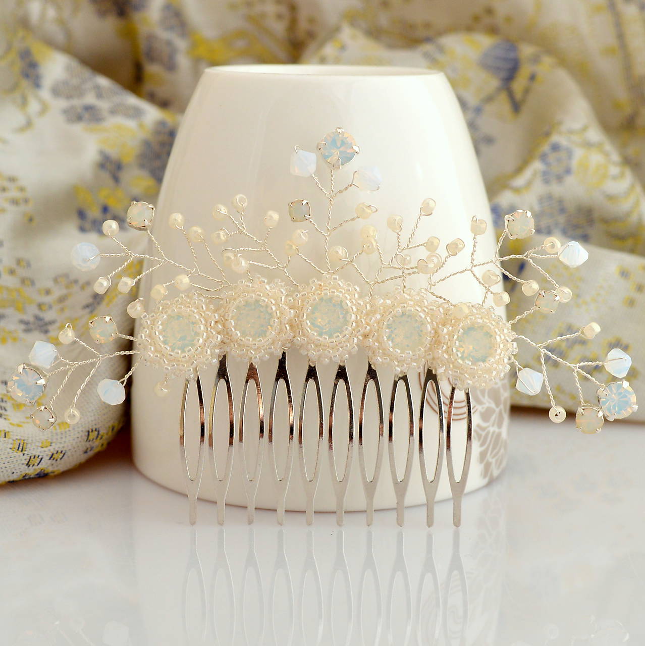 Perlovo krištálový svadobný hrebienok (Swarovski, Preciosa) (Cream Ivory)