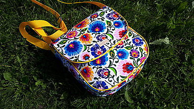 Veľké tašky - Crossbody Folk kabelka (Biela -žltý lem) - 9892127_
