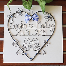 Dekorácie - svadobné srdiečko 25 cm s dátumom a menami (Modro-biela) - 9902456_