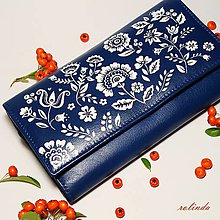 Peňaženky - Kožená peňaženka - modrotlač (Květiny) - 9909893_