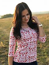 Tehotenské oblečenie - Tričko na dojčenie s 3/4 rukávom - červené FOLK vtáčiky (XS) - 9907399_