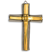 Dekorácie - Sklenený kríž na stenu zlatý vrstvený malý - 9914377_