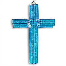 Dekorácie - Sklenený kríž na stenu modrý vrstvený malý - 9914413_