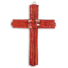 Dekorácie - Sklenený kríž na stenu rubínový vrstvený malý - 9914461_