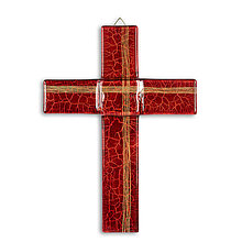 Dekorácie - Sklenený kríž na stenu rubínový - s linkami - 9914476_