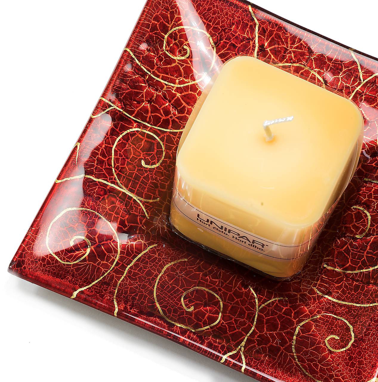 Sklenený svietnik so sviečkou červený JUNE 03 - dekor zlaté špirály