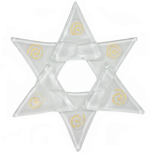 Dekorácie - Vianočná sklenená ozdoba hviezda biela- dekor zlaté špirálky - 9918418_