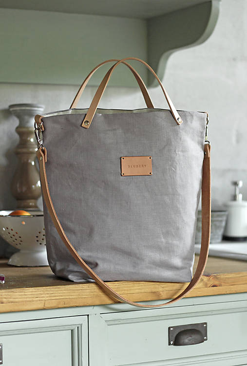 Veľká elegantná kabelka zo šedého ľanu s koženými remienkami - nový dizajn