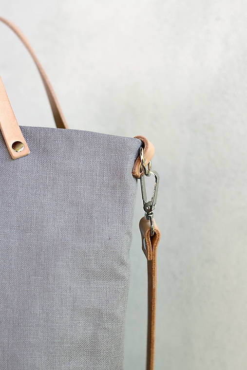 Veľká elegantná kabelka zo šedého ľanu s koženými remienkami - nový dizajn