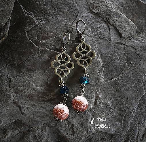 Náušnice - Antické náušnice, ornament, trblietky, hnedá, kávová, zelená, brondz - 9940894_