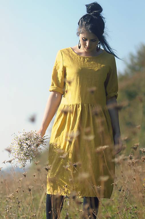 Lněné šaty Žluté  (XL)
