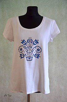Topy, tričká, tielka - Ľaľa maľované ľudové dámske tričko (Bielo-modré) - 9974916_