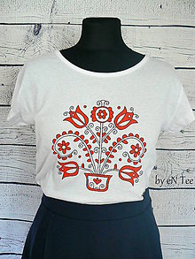 Topy, tričká, tielka - Ľaľa maľované ľudové dámske tričko (Bielo-červené) - 9974942_