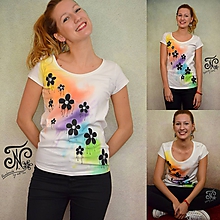 Topy, tričká, tielka - Dúha & rozliate kvetinky  - maľované dámske tričko (skladom M) - 10004646_