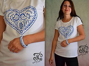 Topy, tričká, tielka - Ľudové srdiečko ♥ -maľované tričko (biele s modrým ♥) - 10005419_