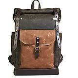 Batohy - Tmavo-olivový mestský batoh z kože a voskovanej tkaniny. Módny ruksak. - 10049290_
