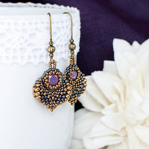 - šité náušnice  ALADINOVA CESTA mini (purple/bronz) - 10054979_