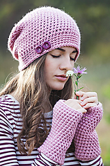 Čiapky, čelenky, klobúky - Ružová čiapka a bezprstové rukavice/ set - 10058957_