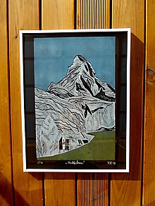 Grafika - Matterhorn linoryt, čierny podklad - 10069286_