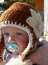 Detské čiapky - čiapka detská hačkovaná - hnedá s kvetom - 10085201_