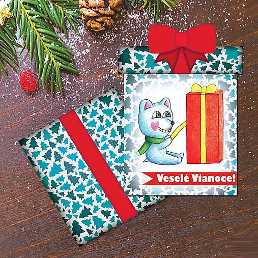 Vianočná pohľadnica/darček - ľadový medvedík a balíček (stromčekový)