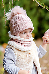 Detské čiapky - Zimná súprava Vrkoče Old pink & fleece cream - 10126014_