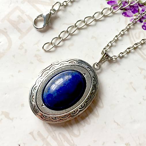 Oval Gemstone Antique Silver Locket Necklace / Otvárací medailón (Lapis Lazuli)