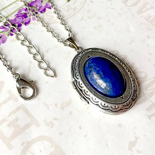 Oval Gemstone Antique Silver Locket Necklace / Otvárací medailón (Lapis Lazuli)