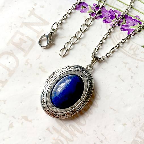 Oval Gemstone Antique Silver Locket Necklace / Otvárací medailón (Lapis Lazuli)