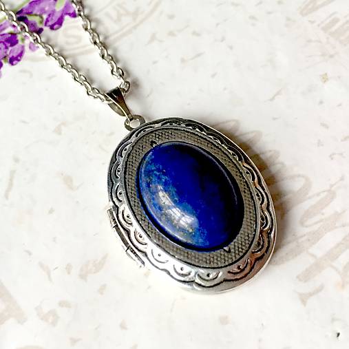 Oval Gemstone Antique Silver Locket Necklace / Otvárací medailón (Lapis Lazuli)