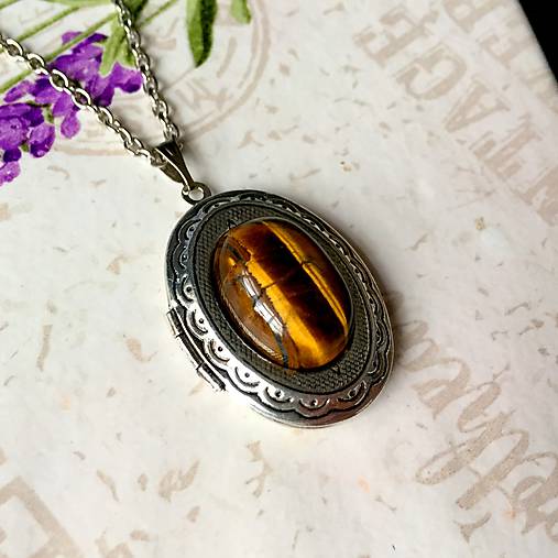 Oval Gemstone Antique Silver Locket Necklace / Otvárací medailón (Tiger Eye)