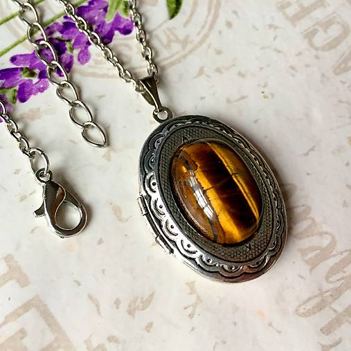 Oval Gemstone Antique Silver Locket Necklace / Otvárací medailón (Tiger Eye)