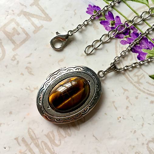 Oval Gemstone Antique Silver Locket Necklace / Otvárací medailón (Tiger Eye)