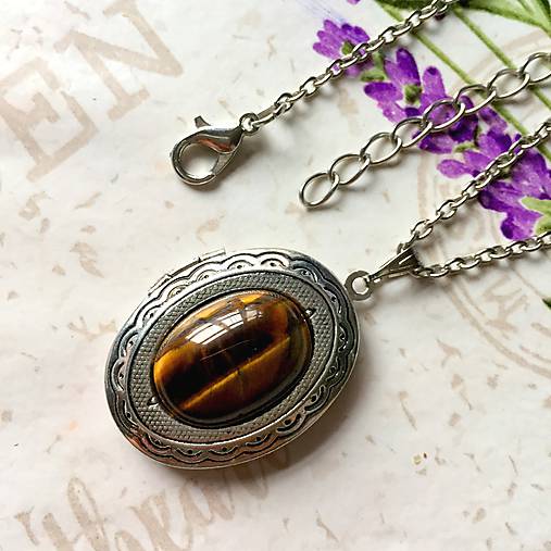  - Oval Gemstone Antique Silver Locket Necklace / Otvárací medailón (Tiger Eye) - 10145617_
