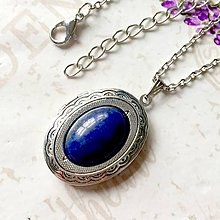 Náhrdelníky - Oval Gemstone Antique Silver Locket Necklace / Otvárací medailón (Lapis Lazuli) - 10144951_