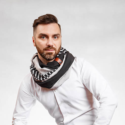 Pánske doplnky - Exkluzívny pánsky ľanový nákrčník s koženým remienkom - 10145424_